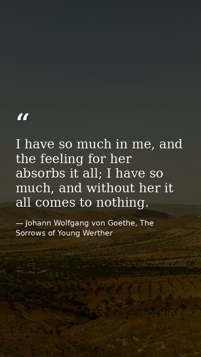 I have so much in me, and the feeling for her absorbs it all; I have so much, and without her it all comes to nothing. — Johann Wolfgang von Goethe, The Sorrows of Young Werther