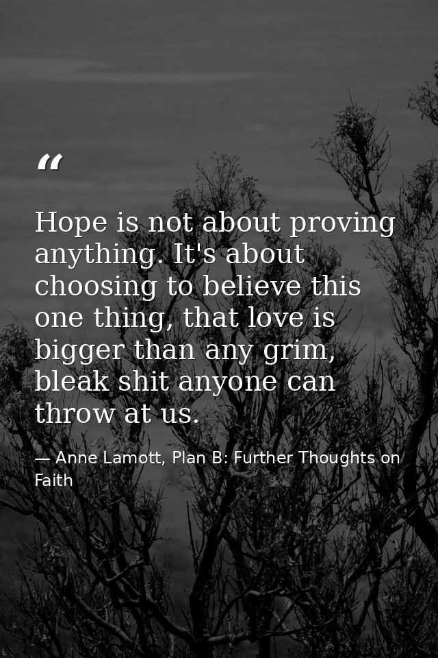 Hope is not about proving anything. It's about choosing to believe this one thing, that love is bigger than any grim, bl — Anne Lamott, Plan B: Further Thoughts on Faith