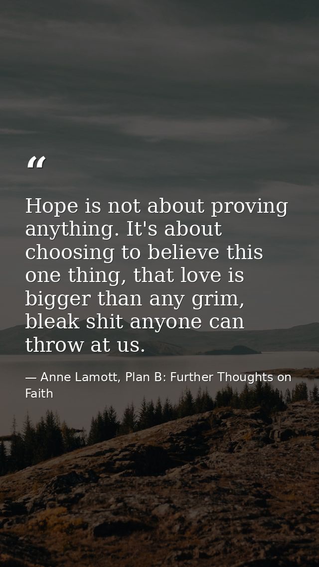 Hope is not about proving anything. It's about choosing to believe this one thing, that love is bigger than any grim, bl — Anne Lamott, Plan B: Further Thoughts on Faith