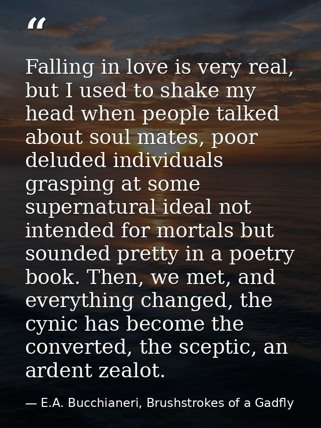 Falling in love is very real, but I used to shake my head when people talked about soul mates, poor deluded individuals  — E.A. Bucchianeri, Brushstrokes of a Gadfly