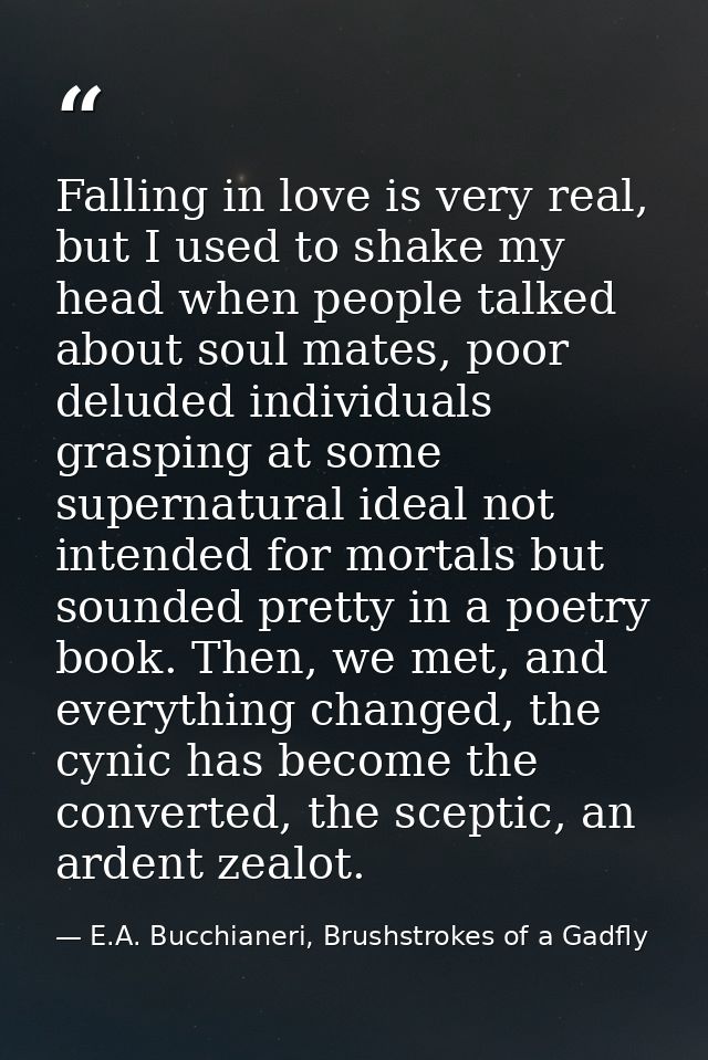 Falling in love is very real, but I used to shake my head when people talked about soul mates, poor deluded individuals  — E.A. Bucchianeri, Brushstrokes of a Gadfly