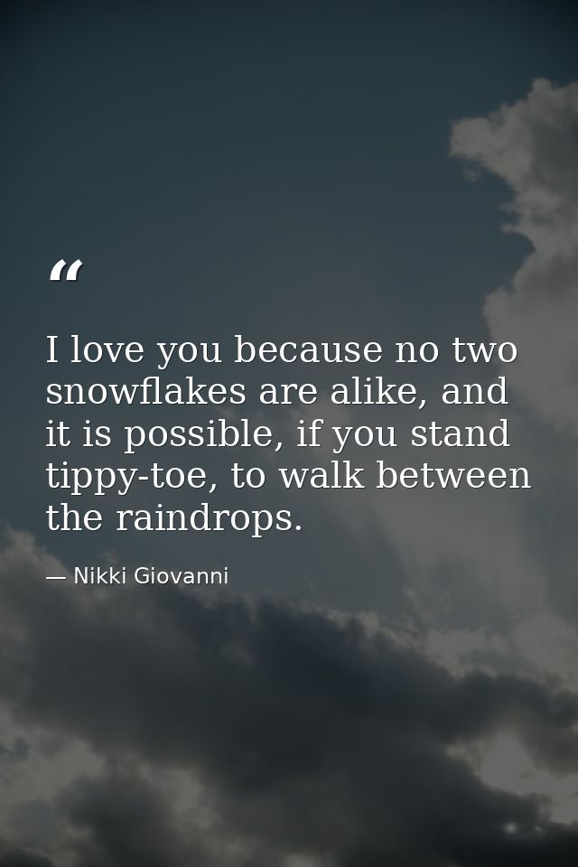 I love you because no two snowflakes are alike, and it is possible, if you stand tippy-toe, to walk between the raindrop — Nikki Giovanni