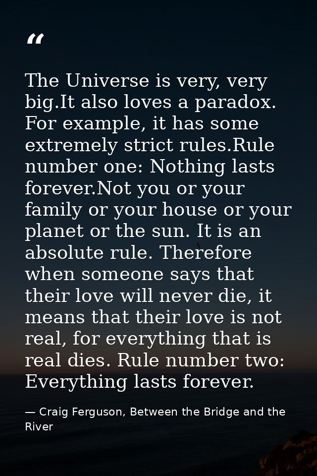 The Universe is very, very big.It also loves a paradox. For example, it has some extremely strict rules.Rule number one: — Craig Ferguson, Between the Bridge and the River