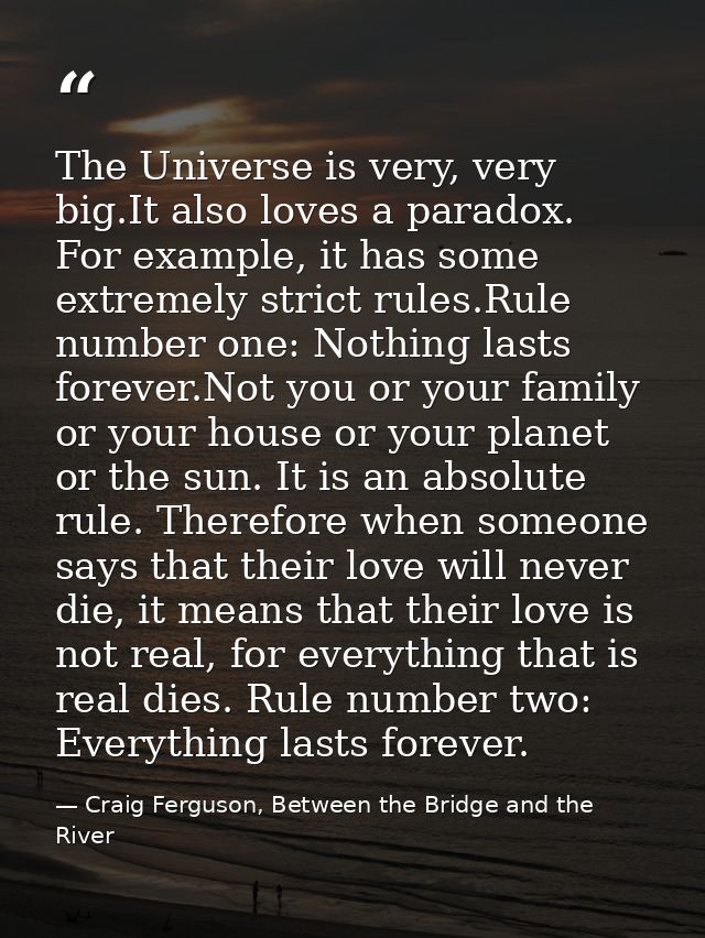 The Universe is very, very big.It also loves a paradox. For example, it has some extremely strict rules.Rule number one: — Craig Ferguson, Between the Bridge and the River