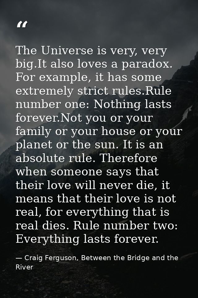 The Universe is very, very big.It also loves a paradox. For example, it has some extremely strict rules.Rule number one: — Craig Ferguson, Between the Bridge and the River