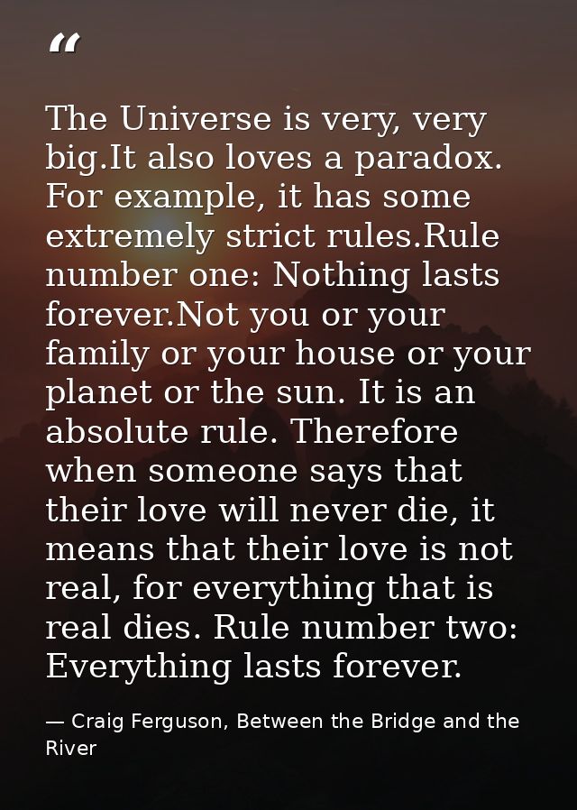 The Universe is very, very big.It also loves a paradox. For example, it has some extremely strict rules.Rule number one: — Craig Ferguson, Between the Bridge and the River