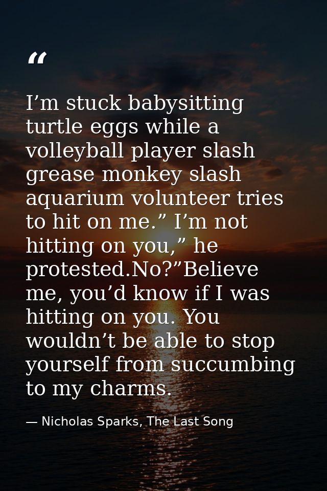 I’m stuck babysitting turtle eggs while a volleyball player slash grease monkey slash aquarium volunteer tries to hit on — Nicholas Sparks, The Last Song