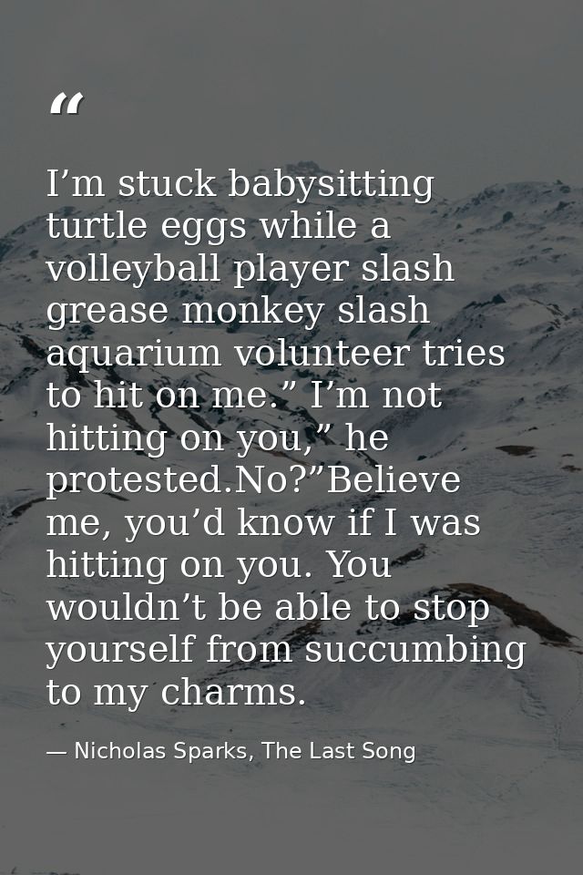 I’m stuck babysitting turtle eggs while a volleyball player slash grease monkey slash aquarium volunteer tries to hit on — Nicholas Sparks, The Last Song