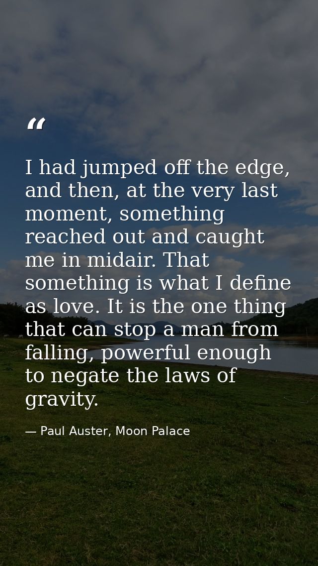 I had jumped off the edge, and then, at the very last moment, something reached out and caught me in midair. That someth — Paul Auster, Moon Palace