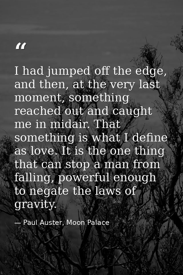 I had jumped off the edge, and then, at the very last moment, something reached out and caught me in midair. That someth — Paul Auster, Moon Palace