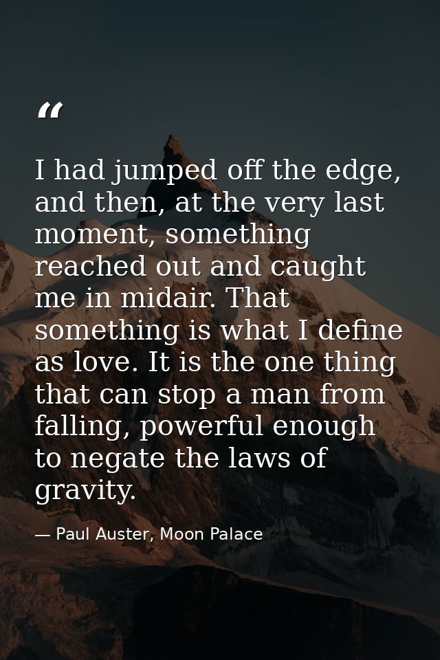 I had jumped off the edge, and then, at the very last moment, something reached out and caught me in midair. That someth — Paul Auster, Moon Palace