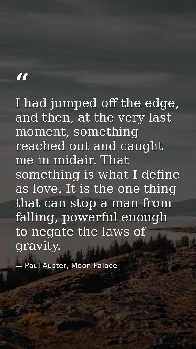 I had jumped off the edge, and then, at the very last moment, something reached out and caught me in midair. That someth — Paul Auster, Moon Palace