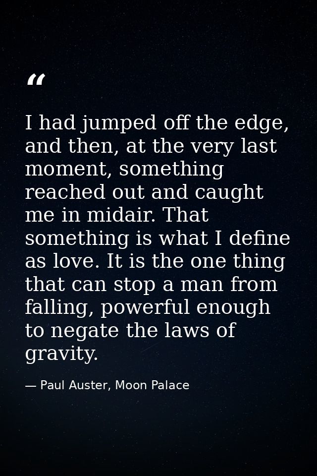 I had jumped off the edge, and then, at the very last moment, something reached out and caught me in midair. That someth — Paul Auster, Moon Palace