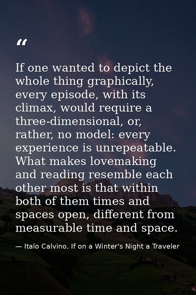 If one wanted to depict the whole thing graphically, every episode, with its climax, would require a three-dimensional,  — Italo Calvino, If on a Winter's Night a Traveler