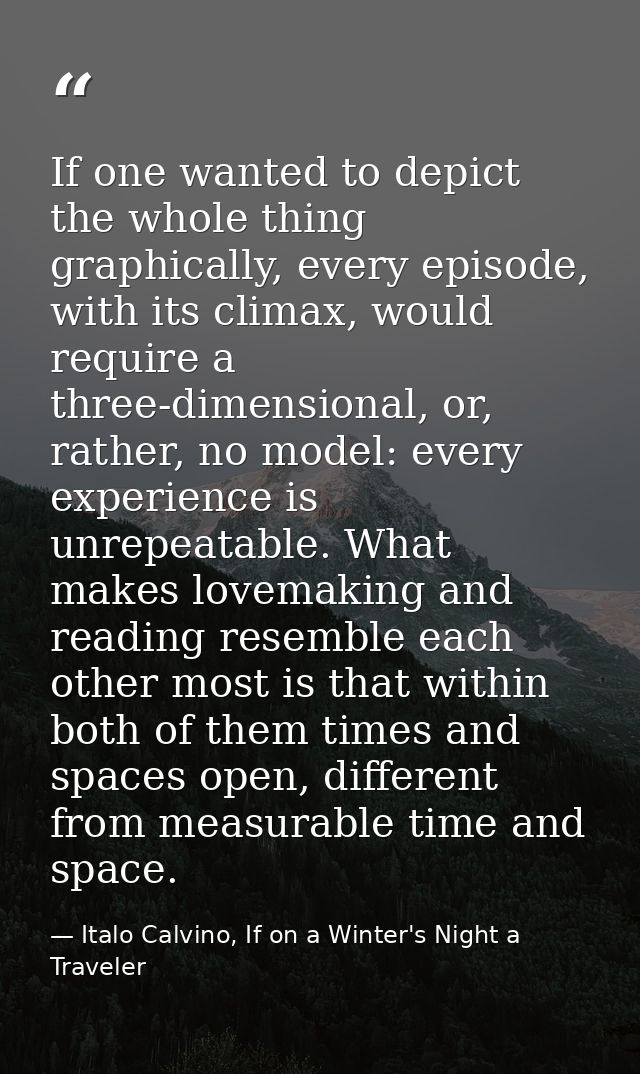 If one wanted to depict the whole thing graphically, every episode, with its climax, would require a three-dimensional,  — Italo Calvino, If on a Winter's Night a Traveler