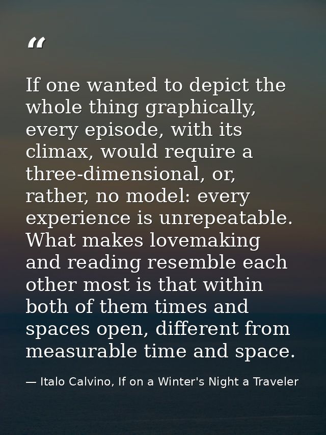 If one wanted to depict the whole thing graphically, every episode, with its climax, would require a three-dimensional,  — Italo Calvino, If on a Winter's Night a Traveler