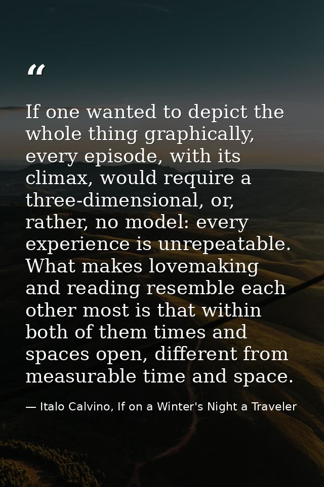 If one wanted to depict the whole thing graphically, every episode, with its climax, would require a three-dimensional,  — Italo Calvino, If on a Winter's Night a Traveler