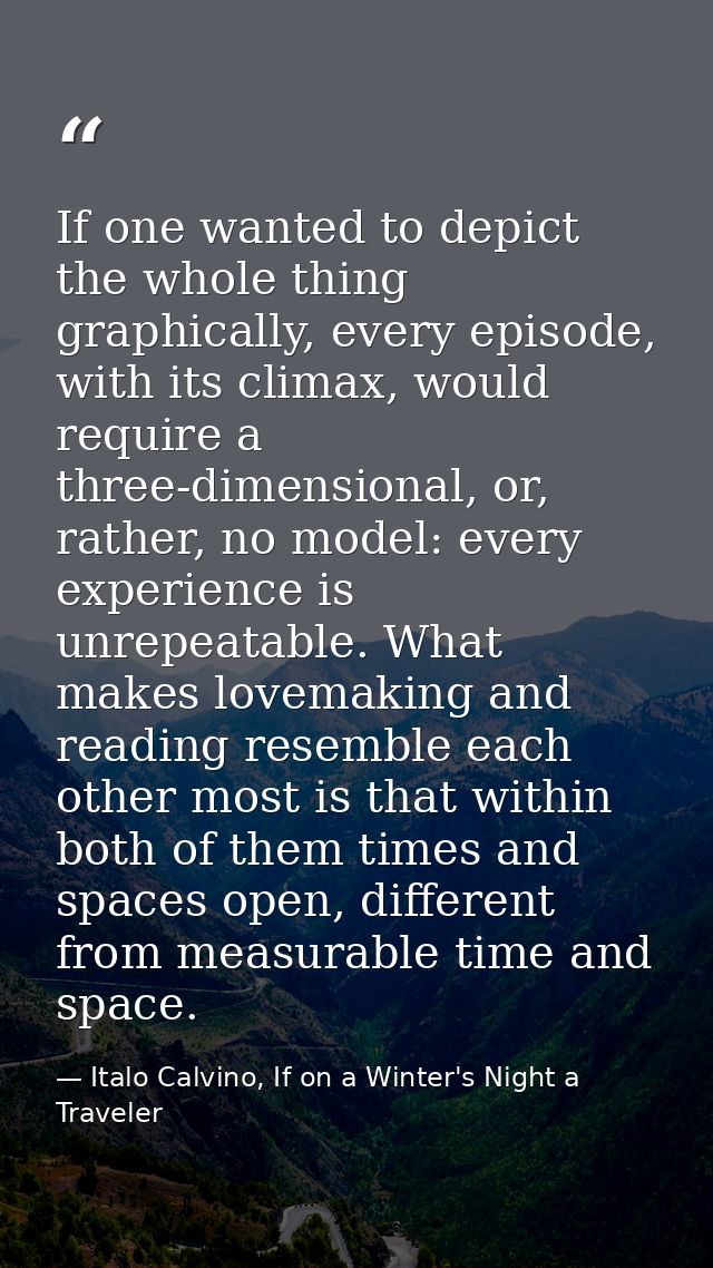 If one wanted to depict the whole thing graphically, every episode, with its climax, would require a three-dimensional,  — Italo Calvino, If on a Winter's Night a Traveler