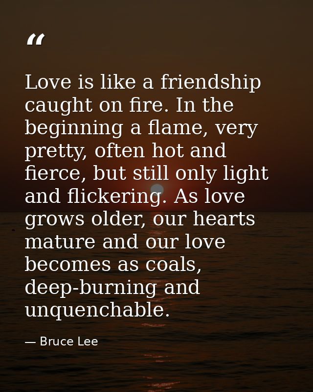 Love is like a friendship caught on fire. In the beginning a flame, very pretty, often hot and fierce, but still only li — Bruce Lee
