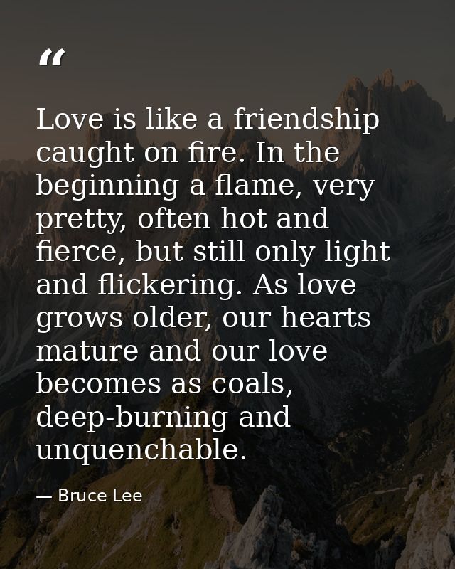 Love is like a friendship caught on fire. In the beginning a flame, very pretty, often hot and fierce, but still only li — Bruce Lee