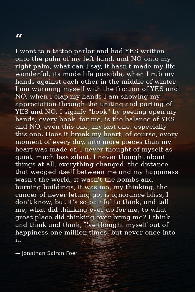 I went to a tattoo parlor and had YES written onto the palm of my left hand, and NO onto my right palm, what can I say,  — Jonathan Safran Foer