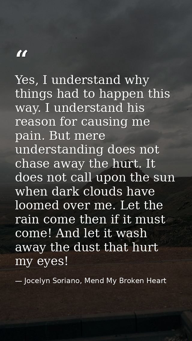 Yes, I understand why things had to happen this way. I understand his reason for causing me pain. But mere understanding — Jocelyn Soriano, Mend My Broken Heart