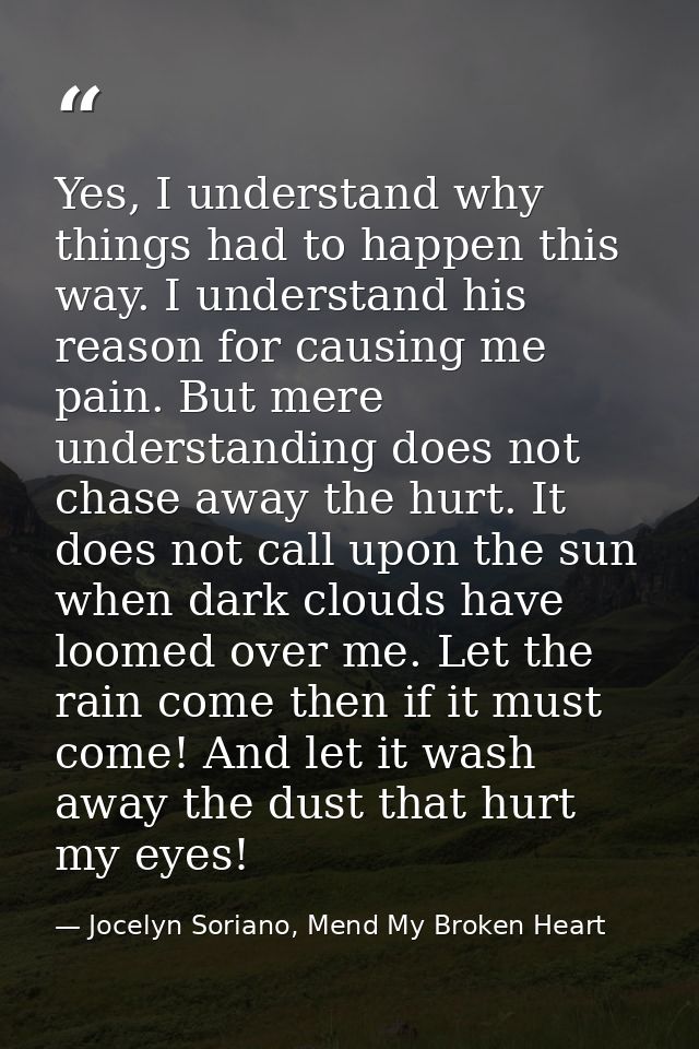 Yes, I understand why things had to happen this way. I understand his reason for causing me pain. But mere understanding — Jocelyn Soriano, Mend My Broken Heart