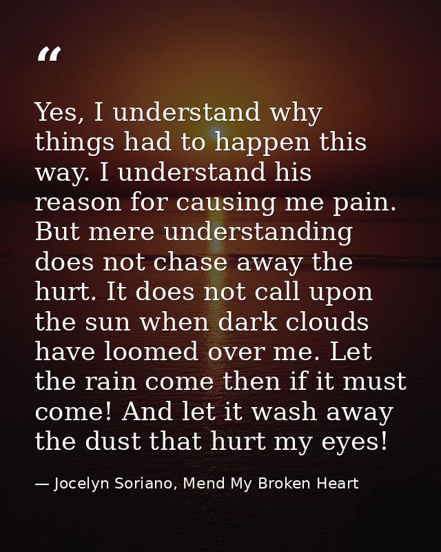 Yes, I understand why things had to happen this way. I understand his reason for causing me pain. But mere understanding — Jocelyn Soriano, Mend My Broken Heart