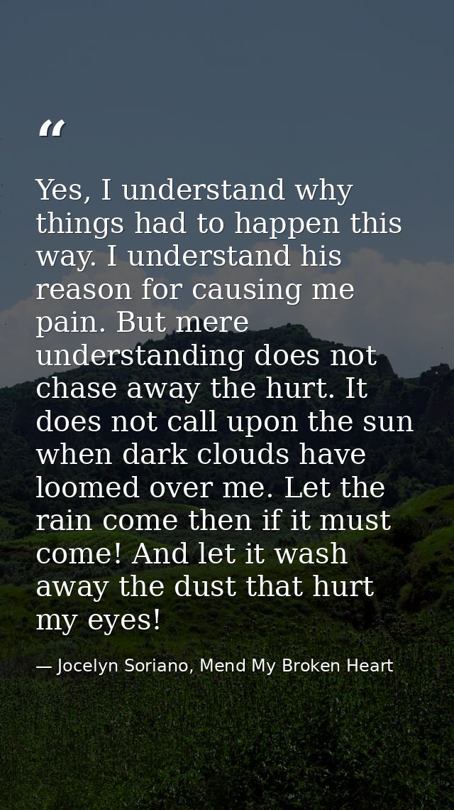 Yes, I understand why things had to happen this way. I understand his reason for causing me pain. But mere understanding — Jocelyn Soriano, Mend My Broken Heart