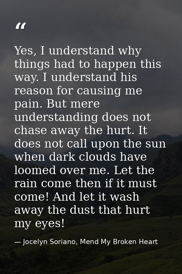 Yes, I understand why things had to happen this way. I understand his reason for causing me pain. But mere understanding — Jocelyn Soriano, Mend My Broken Heart
