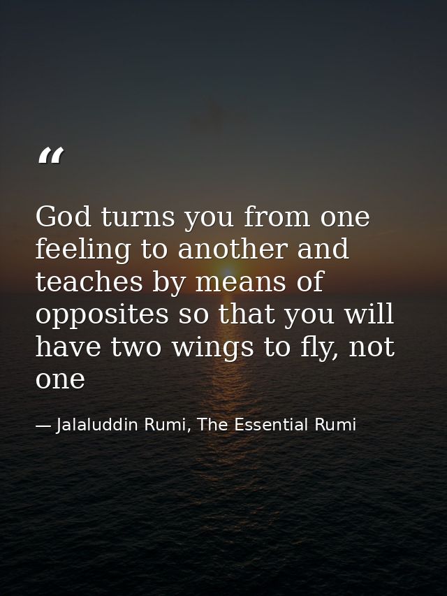 God turns you from one feeling to another and teaches by means of opposites so that you will have two wings to fly, not  — Jalaluddin Rumi, The Essential Rumi