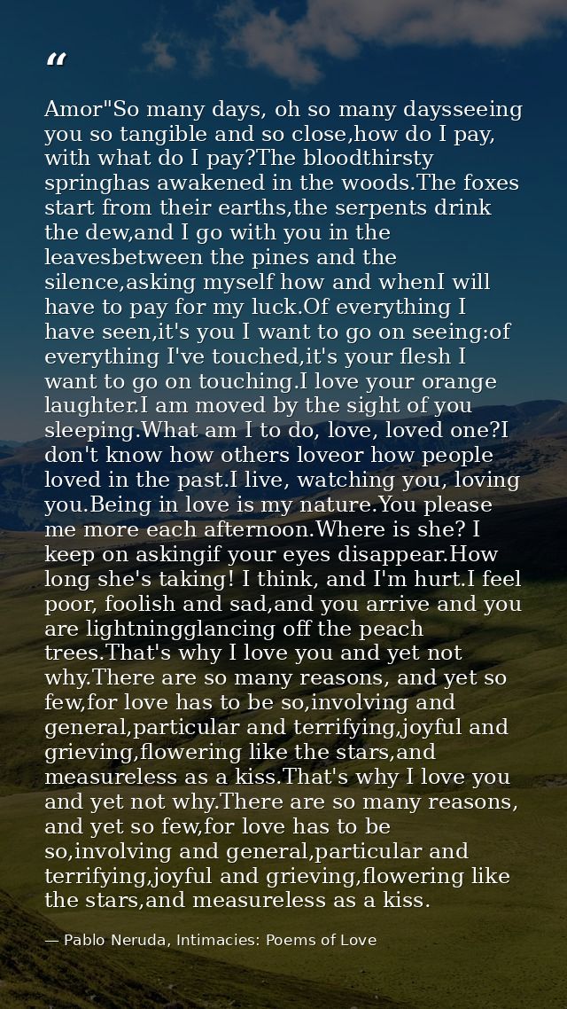 Amor"So many days, oh so many daysseeing you so tangible and so close,how do I pay, with what do I pay?The bloodthirsty  — Pablo Neruda, Intimacies: Poems of Love