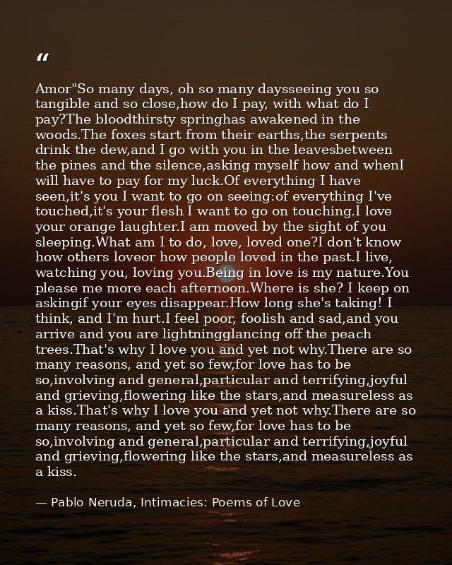Amor"So many days, oh so many daysseeing you so tangible and so close,how do I pay, with what do I pay?The bloodthirsty  — Pablo Neruda, Intimacies: Poems of Love