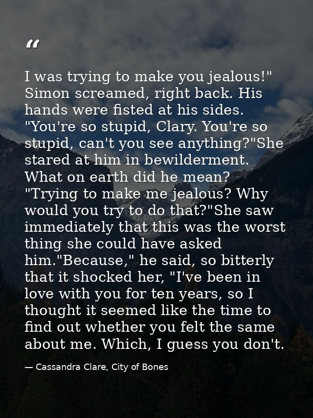 I was trying to make you jealous!" Simon screamed, right back. His hands were fisted at his sides. "You're so stupid, Cl — Cassandra Clare, City of Bones