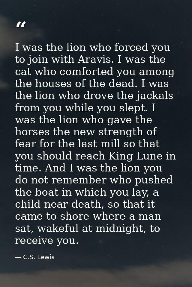 I was the lion who forced you to join with Aravis. I was the cat who comforted you among the houses of the dead. I was t — C.S. Lewis