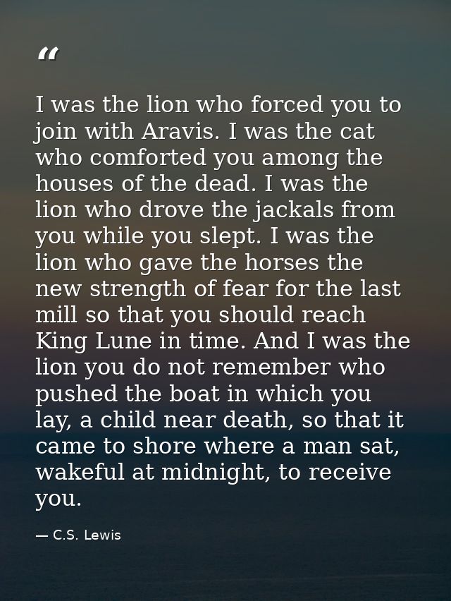 I was the lion who forced you to join with Aravis. I was the cat who comforted you among the houses of the dead. I was t — C.S. Lewis