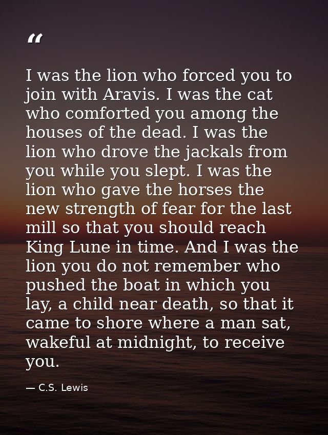 I was the lion who forced you to join with Aravis. I was the cat who comforted you among the houses of the dead. I was t — C.S. Lewis