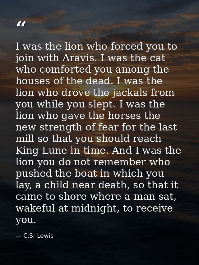 I was the lion who forced you to join with Aravis. I was the cat who comforted you among the houses of the dead. I was t — C.S. Lewis