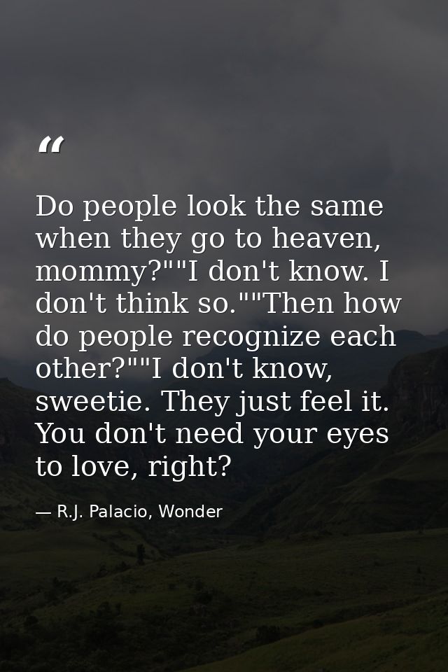 Do people look the same when they go to heaven, mommy?""I don't know. I don't think so.""Then how do people recognize ea — R.J. Palacio, Wonder