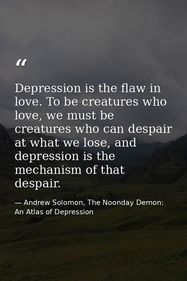 Depression is the flaw in love. To be creatures who love, we must be creatures who can despair at what we lose, and depr — Andrew Solomon, The Noonday Demon: An Atlas of Depression