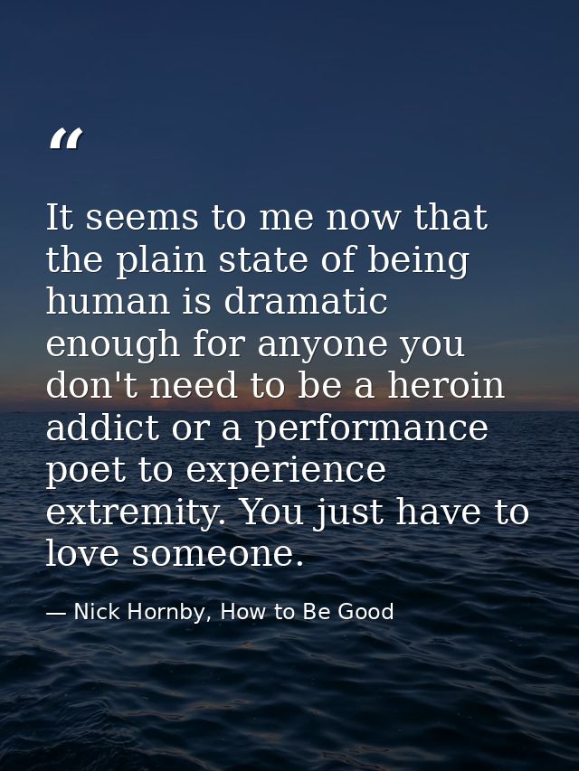 It seems to me now that the plain state of being human is dramatic enough for anyone you don't need to be a heroin addic — Nick Hornby, How to Be Good