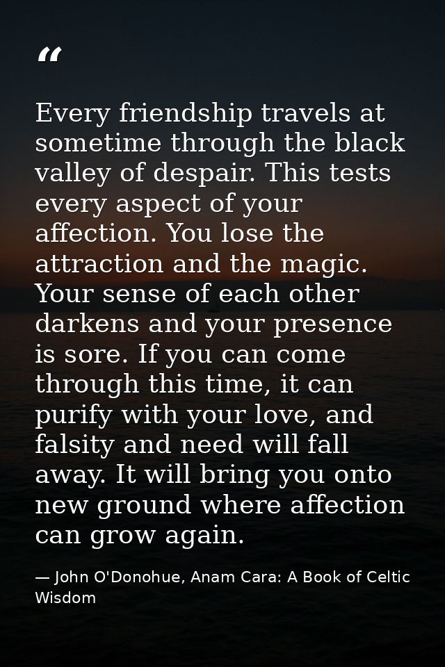 Every friendship travels at sometime through the black valley of despair. This tests every aspect of your affection. You — John O'Donohue, Anam Cara: A Book of Celtic Wisdom