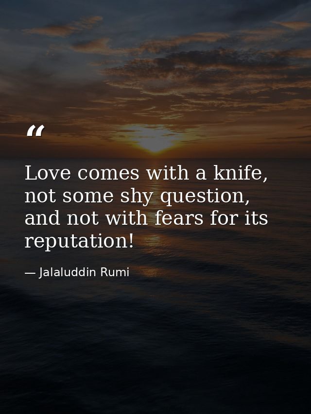 Love comes with a knife, not some shy question, and not with fears for its reputation! — Jalaluddin Rumi