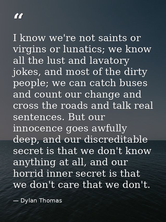 I know we're not saints or virgins or lunatics; we know all the lust and lavatory jokes, and most of the dirty people; w — Dylan Thomas