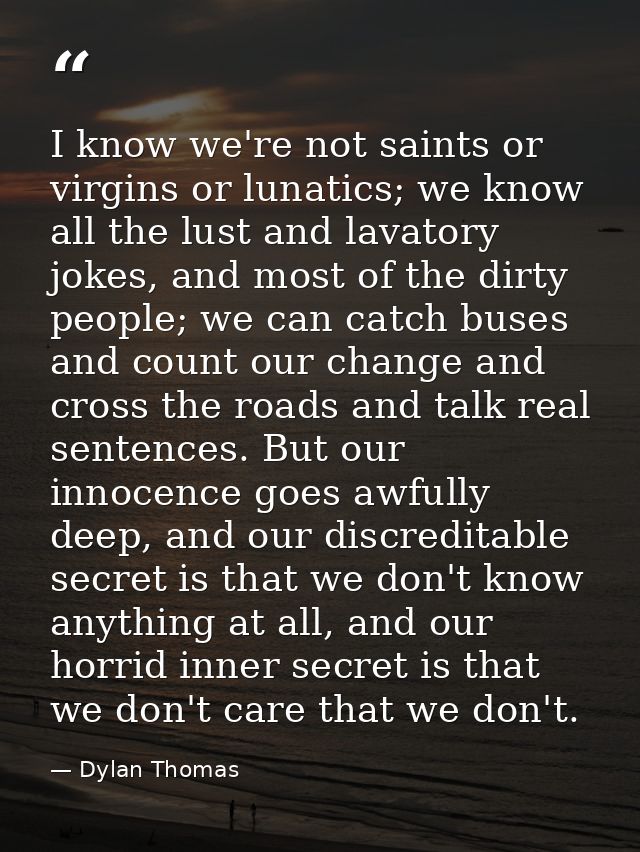 I know we're not saints or virgins or lunatics; we know all the lust and lavatory jokes, and most of the dirty people; w — Dylan Thomas