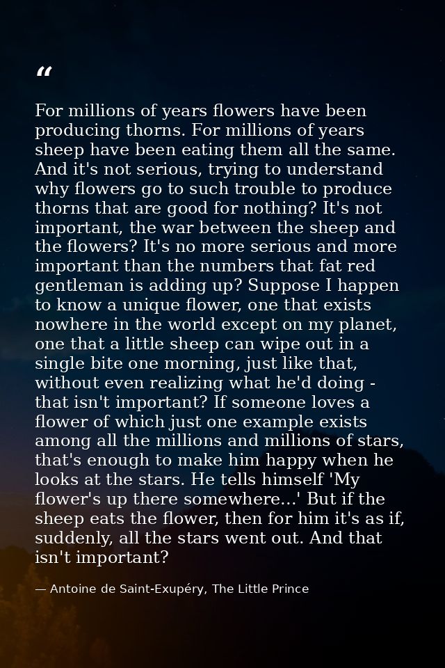 For millions of years flowers have been producing thorns. For millions of years sheep have been eating them all the same — Antoine de Saint-Exupéry, The Little Prince