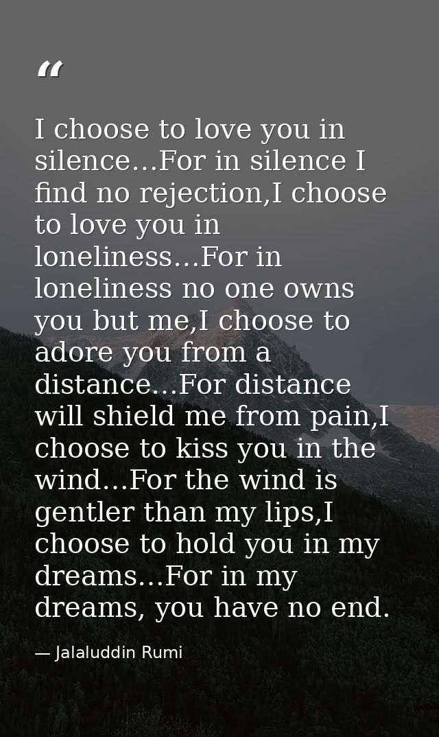 I choose to love you in silence…For in silence I find no rejection,I choose to love you in loneliness…For in loneliness  — Jalaluddin Rumi