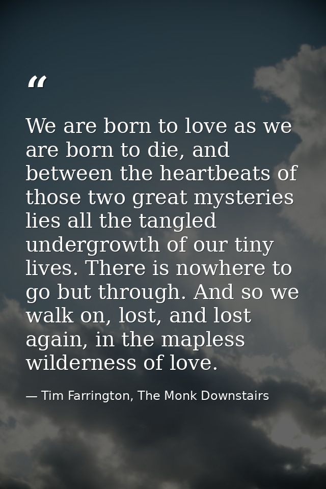 We are born to love as we are born to die, and between the heartbeats of those two great mysteries lies all the tangled  — Tim Farrington, The Monk Downstairs
