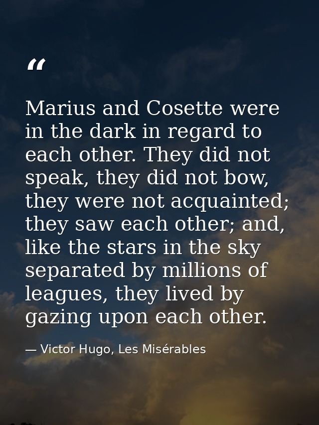 Marius and Cosette were in the dark in regard to each other. They did not speak, they did not bow, they were not acquain — Victor Hugo, Les Misérables