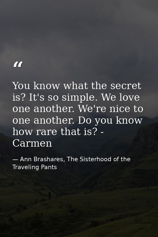 You know what the secret is? It's so simple. We love one another. We're nice to one another. Do you know how rare that i — Ann Brashares, The Sisterhood of the Traveling Pants